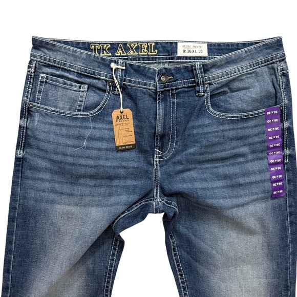 NWT TK Axel Slim Boot Jeans Mens 36x30 Blue Medium Wash Contrast Stitch Pockets - Picture 11 of 16